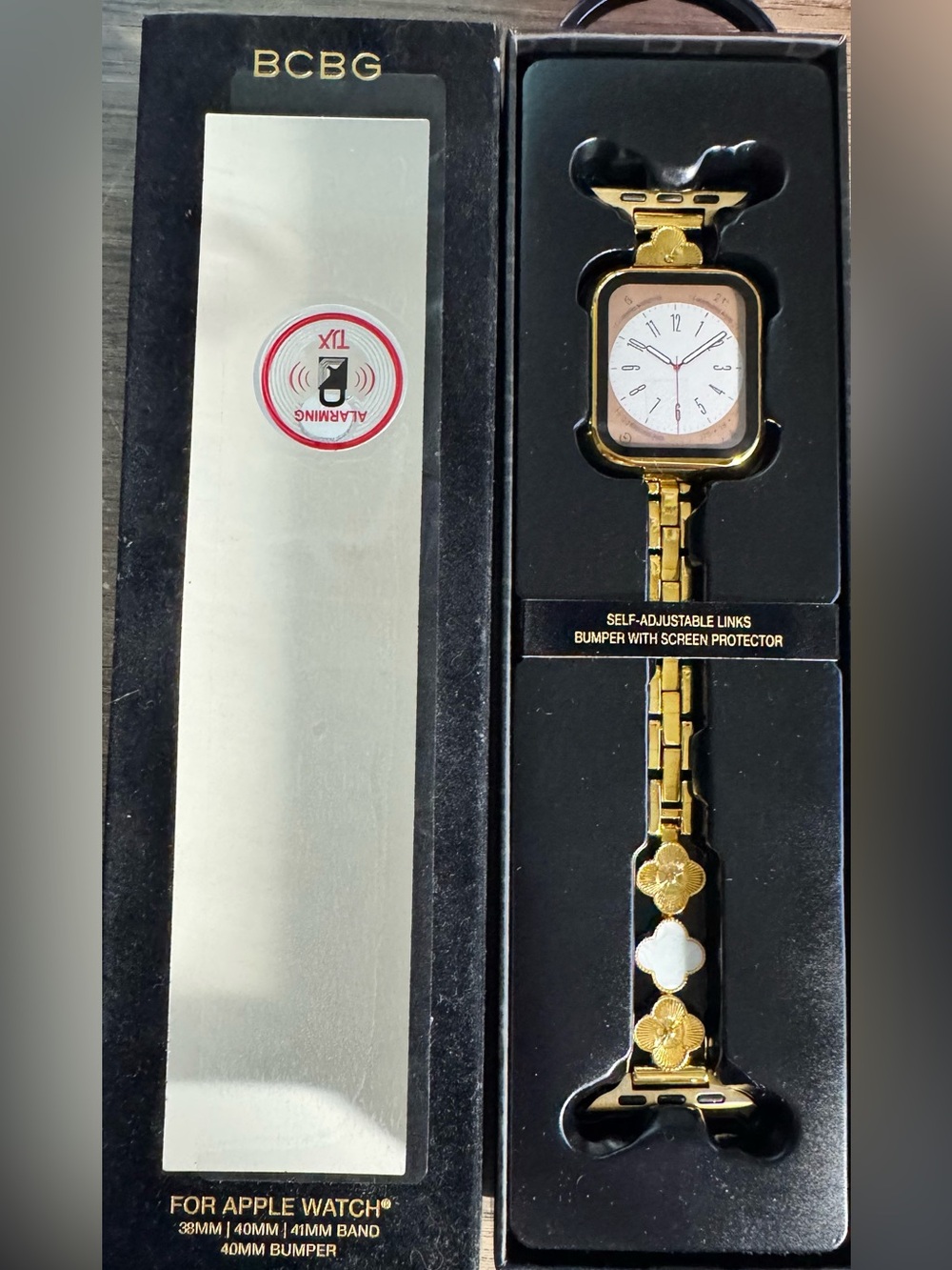 BCBG Floral Gold tone watch band for Apple Watch and bumper case
